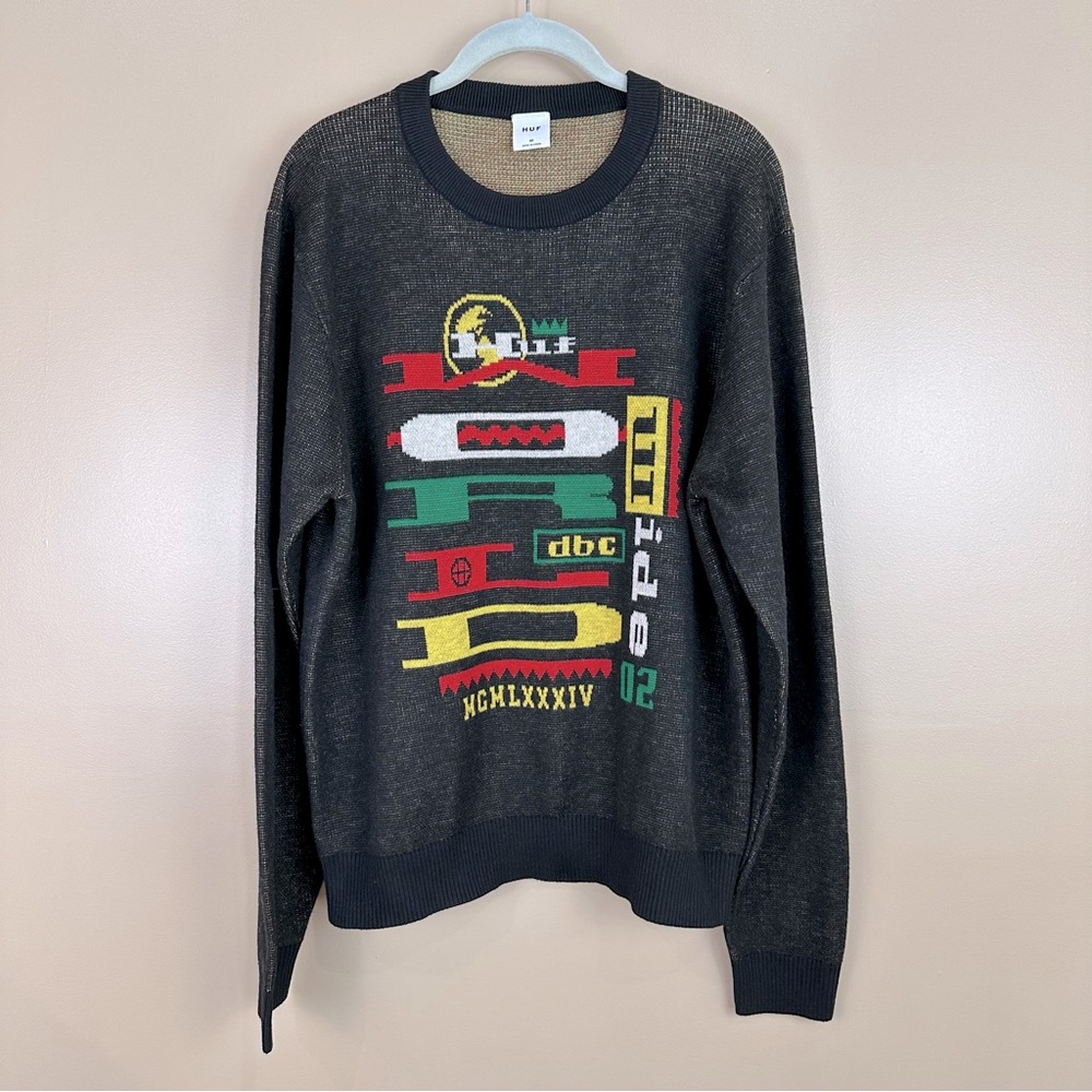 Huf Mens Black Get Up Jacquard Knit Sweater Medium Reggae Colorful EUC